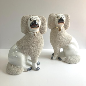 Antique Staffordshire Poodle Figurines: 19th Century Victorian Mantle Dogs