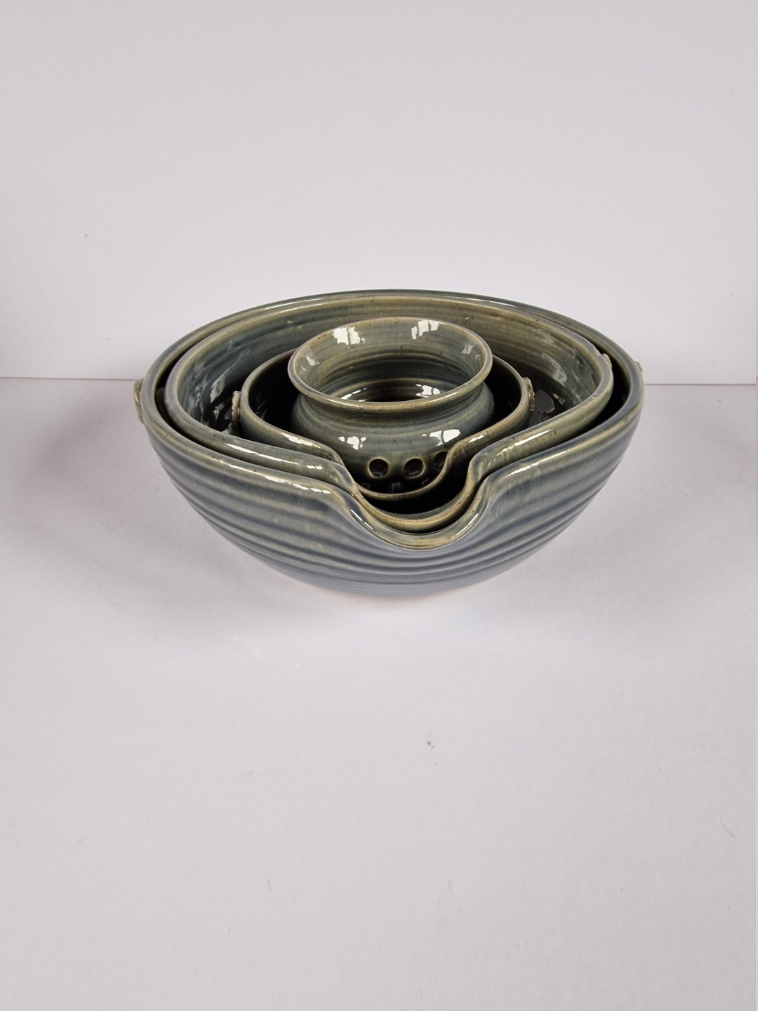 Blue Stoneware Mixing Bowl Set, Set of Nesting Bowls for the Kitchen