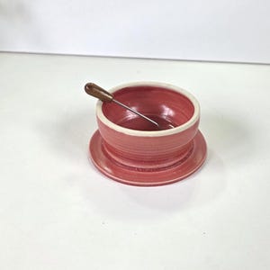May include: A small, pink ceramic bowl with a matching saucer. The bowl has a white rim and contains a liquid. A small spoon with a wooden handle rests inside the bowl. The bowl and saucer are on a white surface.