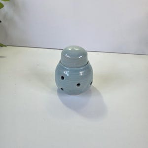 May include: A pale blue ceramic oil diffuser with a rounded base and a domed lid. The base has several small, evenly spaced holes. The diffuser is designed to hold essential oils and release their fragrance into the air.