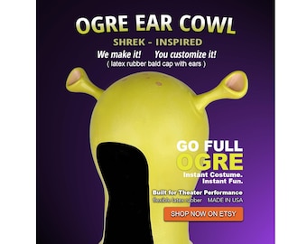 Shrek Inspired Ogre Ear Latex Cowl for Theater, Cosplay, Halloween 21"-23" Circumference/ Measure Head Circumference Before Ordering.