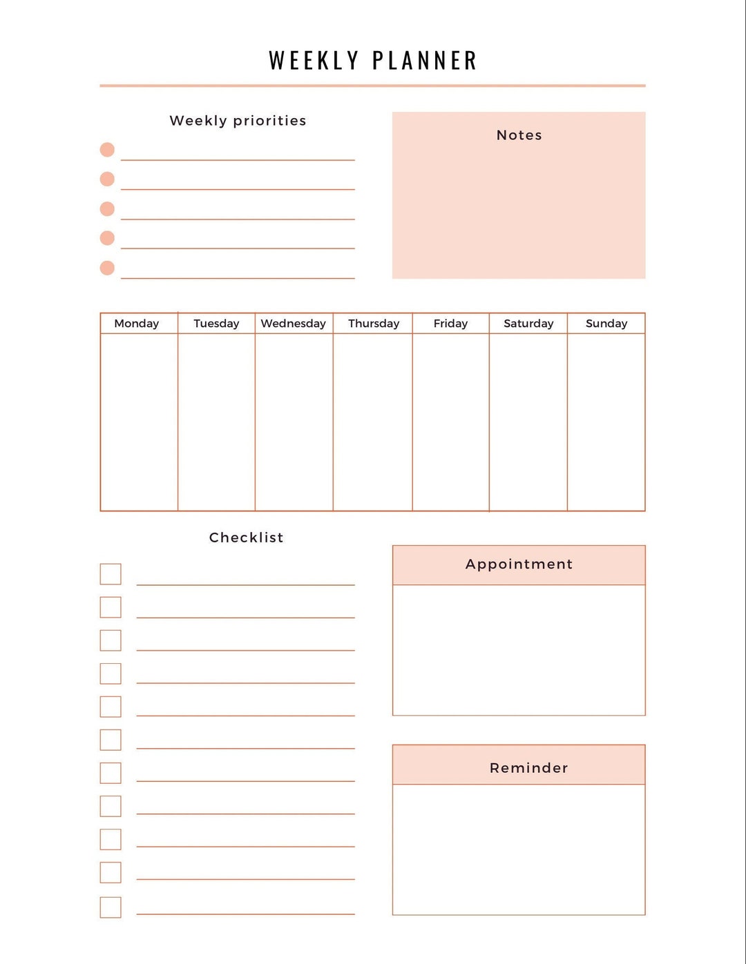 Weekly Planner Digital Download Weekly Schedule Instant - Etsy