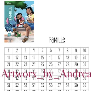 May include: A Disney-themed artwork featuring characters from Lilo & Stitch, with the word "FAMILLE" and a number grid from 1 to 100. The artwork is signed "Artwork by Andrea".
