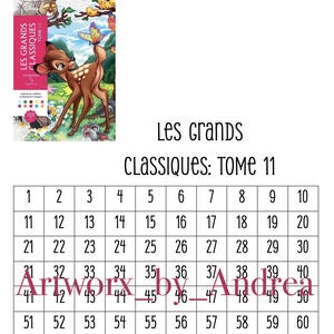 May include: A colouring book cover featuring Bambi with a butterfly. The title "Les Grands Classiques Tome 11" is displayed above a grid of numbers from 1 to 100. Artwork by Andrea is also visible.