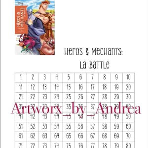 Op de afbeelding: Een Disney-boekcover met Hercules en Hades, met de titel "Heros & Mechants: La Battle". Hieronder staat een raster genummerd 1-100. Het kunstwerk is gesigneerd "Artworx by Andrea".