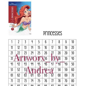 May include: Ariel from Disney's The Little Mermaid is featured on a colorful product. The word "PRINCESSES" is at the top. A grid of numbers from 1 to 100 is below the text. The text "Artwork by Andrea" is also present.