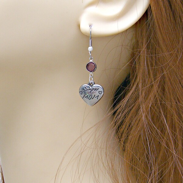 Super Mom Heart Birthstone Silver Earrings Jewelry Ear Wires with Pearl Love Family Mother 15EW-40CN