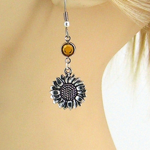 Sunflower Birthstone Silver Earrings Jewelry Ear Wires with Pearl Floral Flowers 90EW-40CN