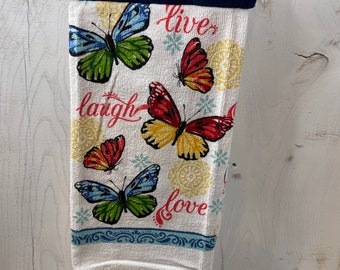 Butterfly live love laugh teal crocheted-topped hanging dish towel