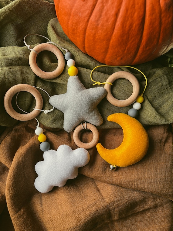 Baby play gym toys  set three high contrast toys, Activity center, Wooden baby gym, Montessori toy yellow star, cloud, moon, Babyshower gift