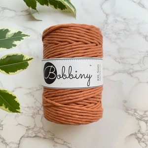 Peut inclure: Une bobine de fil macramé couleur terre cuite. Le fil est enroulé sur lui-même et maintenu par une étiquette blanche avec le texte "Bobbiny" en noir. L'étiquette indique également qu'il s'agit de fil macramé XXL 5 mm.