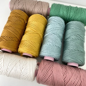 May include: Eight spools of cotton rope in various colours, including beige, mustard yellow, light blue, teal, white, and dusty rose.