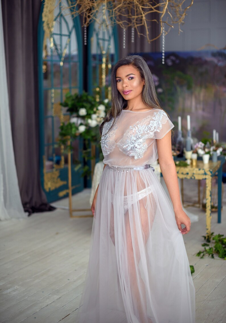 Grey Lace Boudoir Gown Fairy Wedding Dress Lace Long Dress