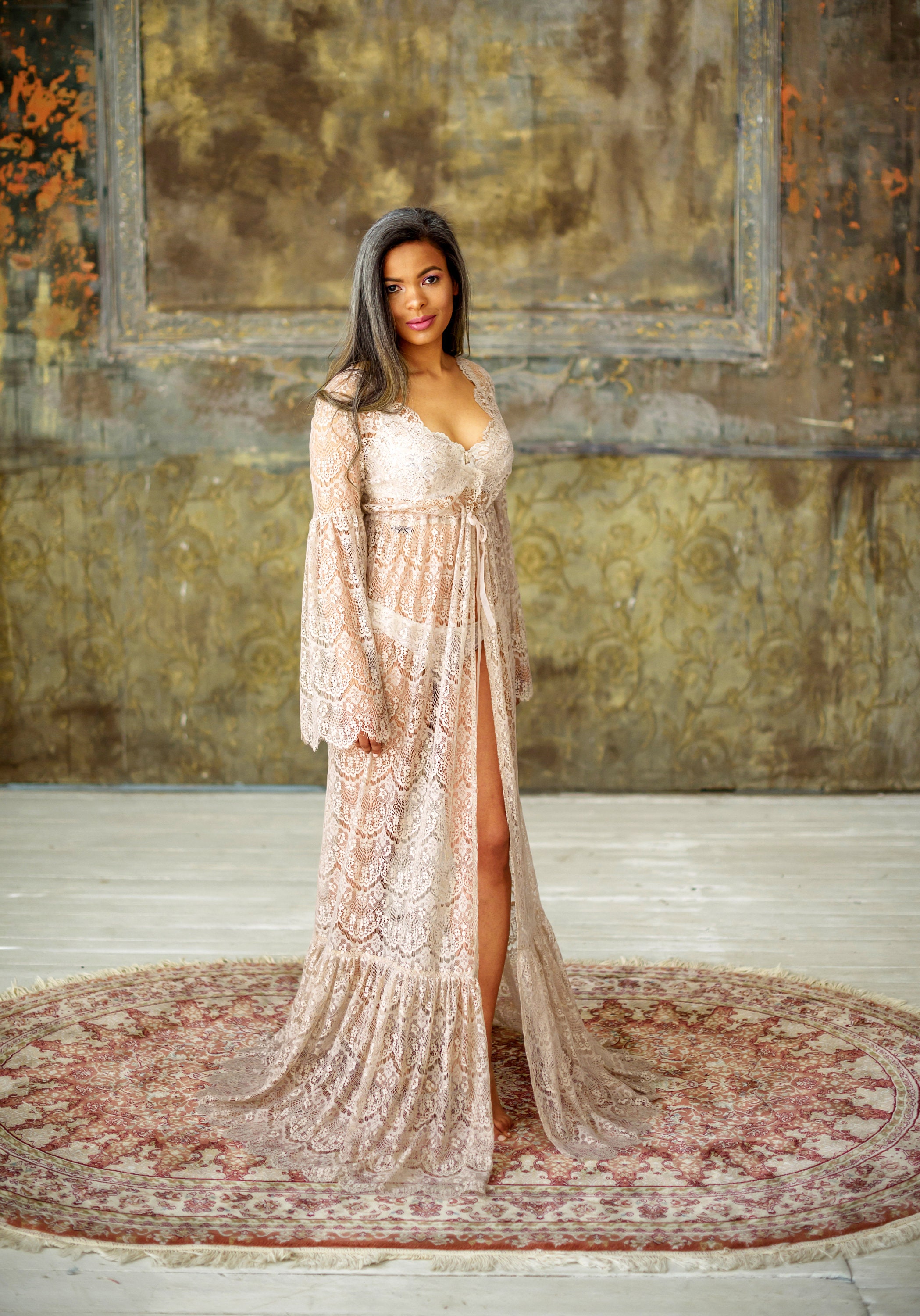 Bridal Beige Lace Gown Long Wedding Gown Beach Boho Beige Etsy