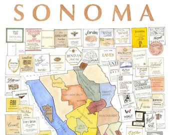 Stampa artistica della mappa dei vini di Sonoma
