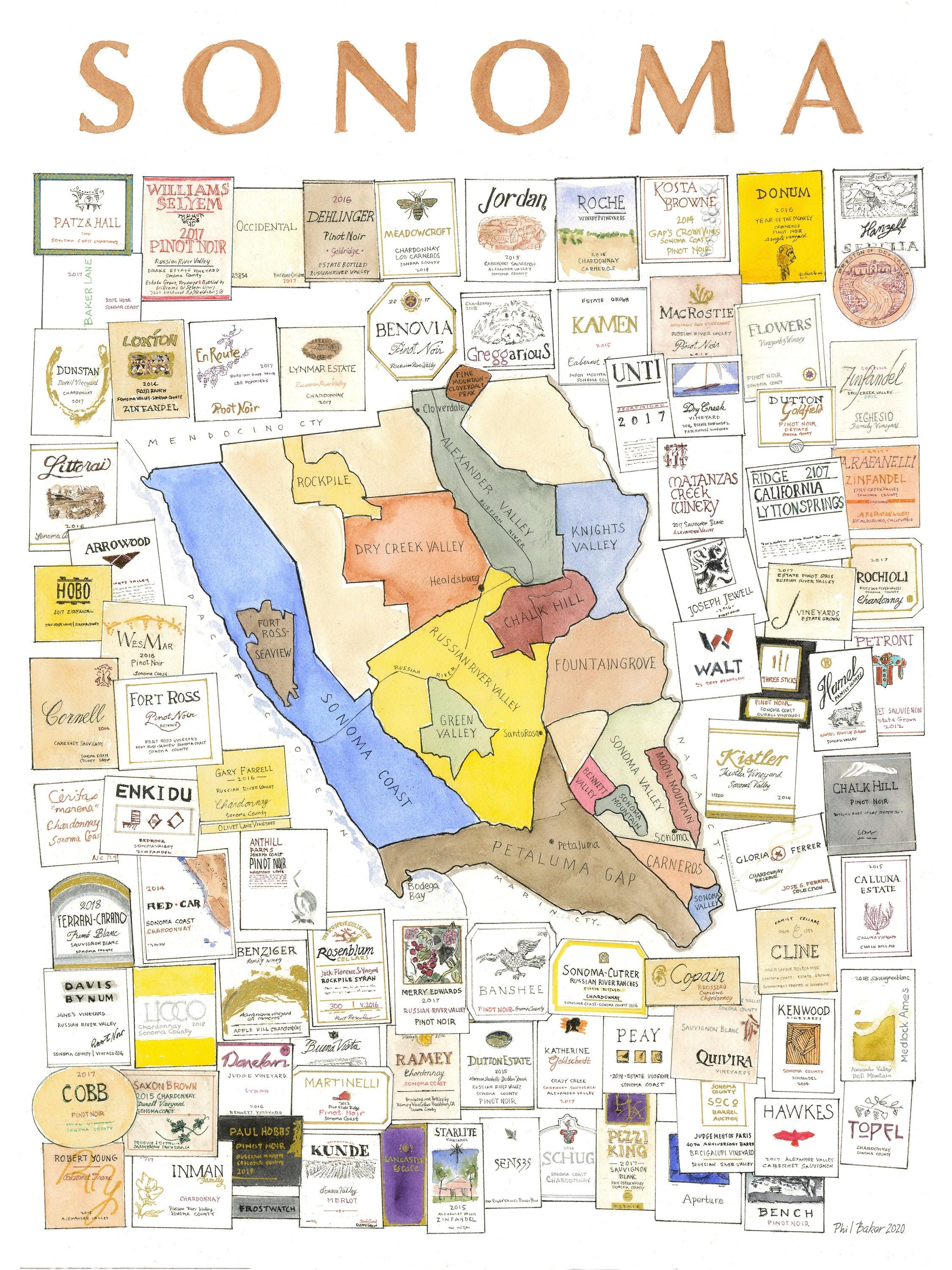 Sonoma Wine Map signed print Etsy