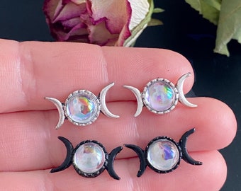 Triple Moon Goddess Iridescent Aura Stud Post Earrings (Pair)