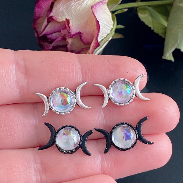 Triple Moon Goddess Iridescent Aura Stud Post Earrings (Pair)