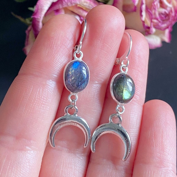 Labradorite  and Lunula/Crescent Moon Silver Plated Statement Dangle/Drop Earrings