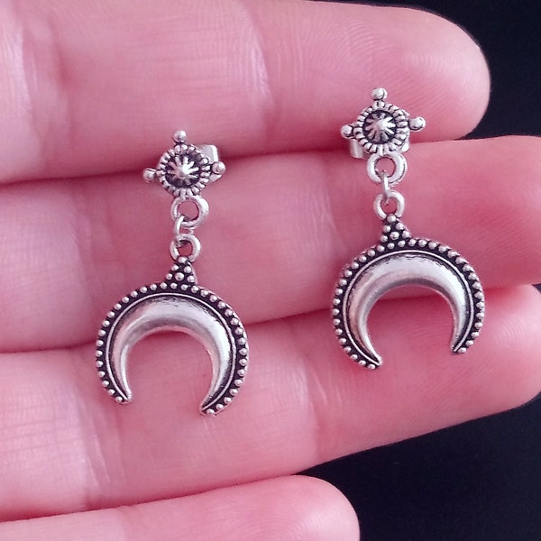 Silver Plated Crescent Moon Lunula Drop/Dangle Earrings with Granulated Pattern