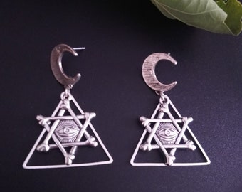 Crescent Moon Pyramid/ Triangle Bones Hexagram Evil Eye Amulet Drop/Dangle Earrings