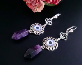 Extra Dark Amethyst Crystal Pendulum Evil Eye Amulet Dangle/Drop Earrings