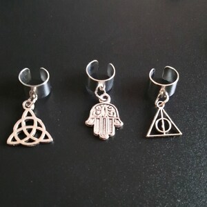 Triquetra Hand of Fatima and Hallows Triangle Ear Cuff/ Hair Bead Bundle