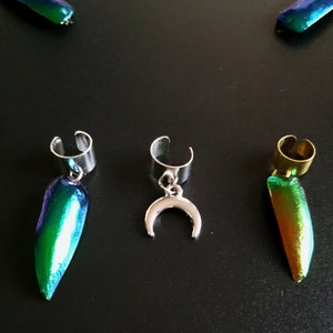 Elytra Jewel Beetle Wing and Downward Crescent Moon Ear cuff/Ear wrap /Hair Bead Bundle