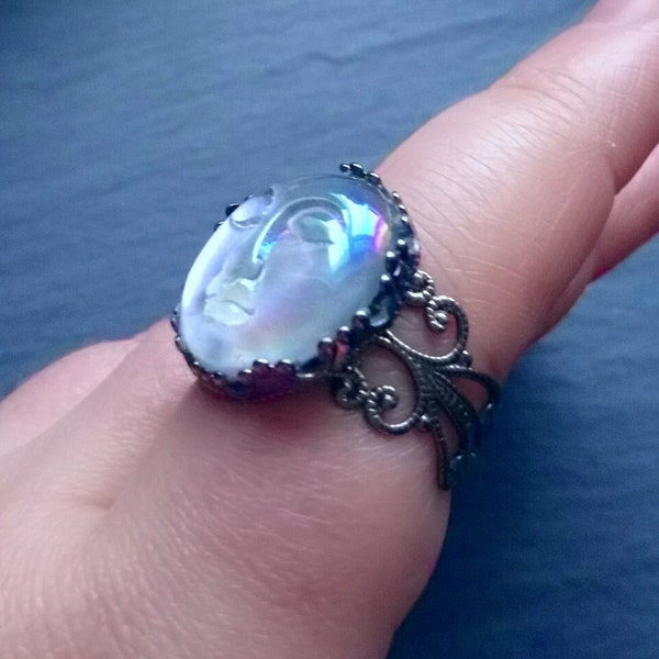 Carved Angel Aura Iridiscent Quartz Silver Moon Goddess Face Adjustable Gun Black Ring