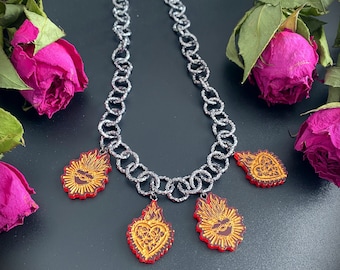 Sacred Flaming Ex-voto Heart Charm Pendant Chunky Chain Statement Necklace