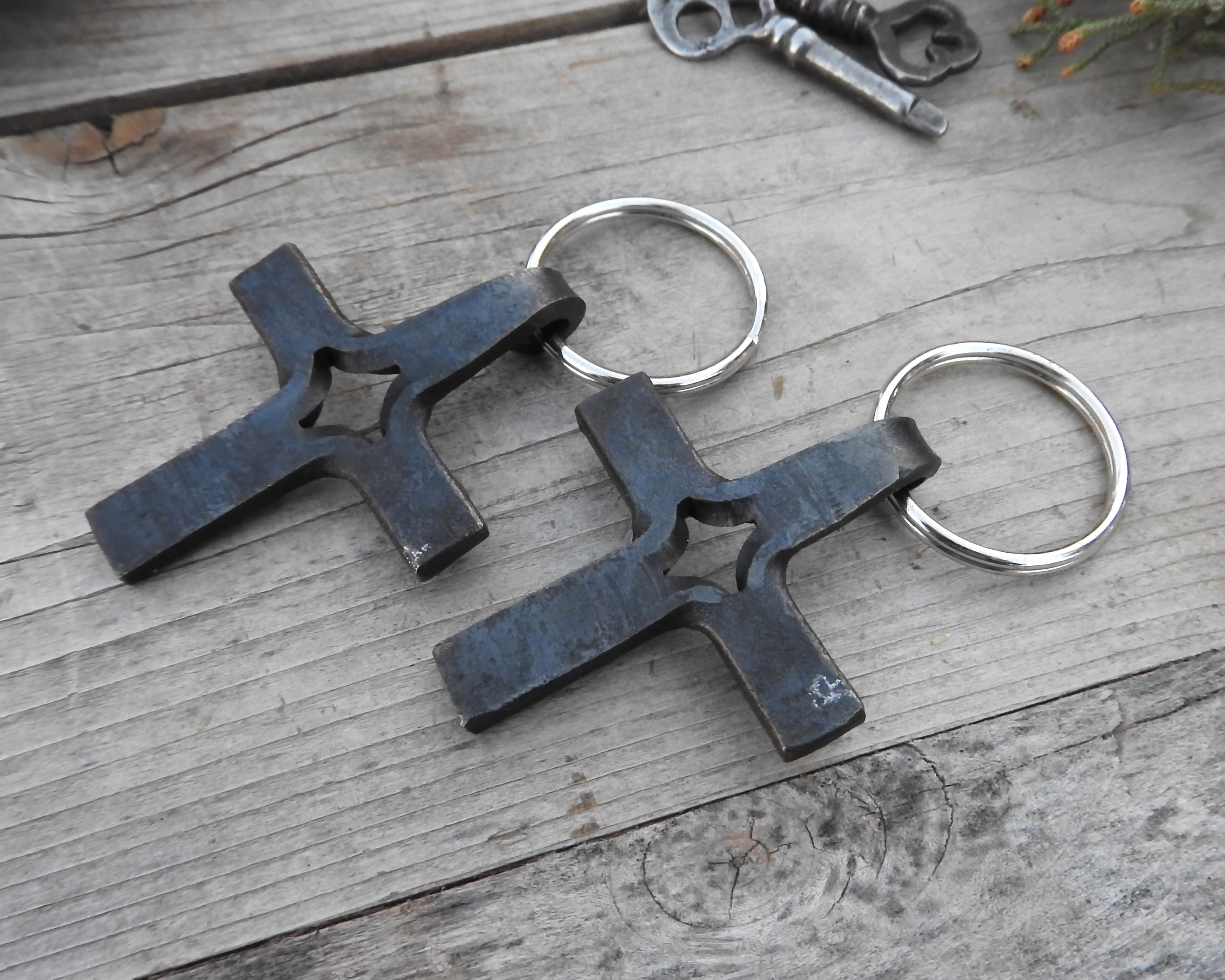 Metal Cross Keychain, Hand Forged Cross, Gift for Him, Blacksmith Item ...