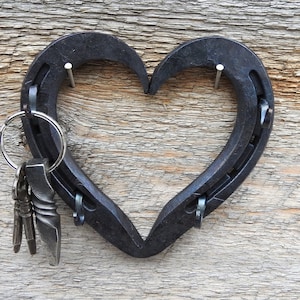 Heart Wall Key Hanger, Hand Forged Horseshoe Heart, Key Holder, Housewarming Gift, Gift for Mom, Rustic Wall Decor, Metal Heart Key Hanger