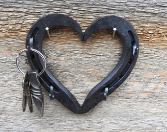 Heart Wall Key Hanger, Hand Forged Horseshoe Heart, Key Holder, Housewarming Gift, Gift for Mom, Rustic Wall Decor, Metal Heart Key Hanger