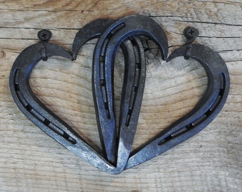 Hand Forged Linked Large Horseshoe Hearts, Rustic Metal Heart, Gift for Horse Lover, Western Decor, Wedding Gift, Christmas Gift for Her