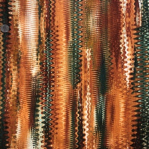 May include: Abstract fabric with a wavy, striped pattern in shades of brown, green, and white.