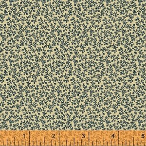 May include: A cream-colored fabric with a repeating pattern of small, dark blue leafy vines. The fabric is shown with a ruler for scale.