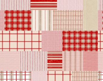 May include: A patchwork of red and white fabric squares with different patterns, including stripes, checks, and plaid.