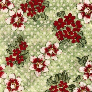 May include: Green fabric with a white and red floral pattern. The fabric has a white polka dot background.