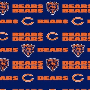 May include: A navy blue fabric with a repeating pattern of orange bear heads, the words "BEARS" and the Chicago Bears logo, a white "C" with an orange outline.