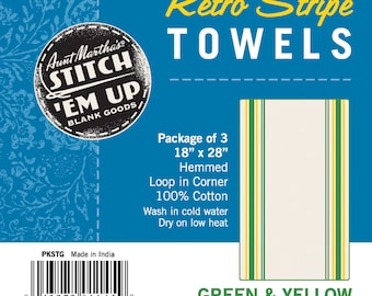 Aunt Martha’s Stitch ‘Em Up Retro Stripe Towels  Green and Yellow 18" X 28" Cotton Package of 3