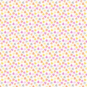 May include: A seamless pattern of small, watercolor hearts in shades of pink, orange, yellow, and gray on a white background.