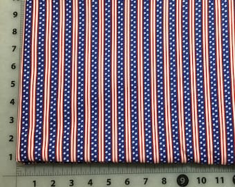 May include: Red, white, and blue striped fabric with a pattern of small white stars. The fabric is measured in inches.