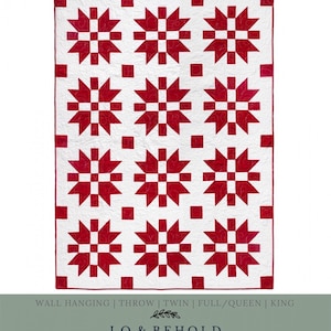 May include: Christmas Joy quilt pattern by Brittany Lloyd. The pattern features a red and white quilt with a snowflake design. The quilt is available in wall hanging, throw, twin, full/queen, and king sizes.