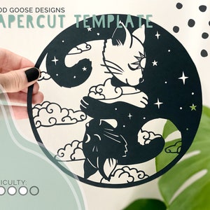 Plantilla de corte de papel de gatitos de día y de noche / Gatos Yin yang / Archivos PDF, SVG y PNG