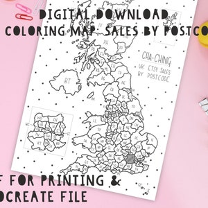 UK Verkaufskarte zum Ausmalen | Procreate Datei und PDF zum Ausdrucken | Verfolgen Sie Ihre Etsy-Verkäufe nach UK Postleitzahl