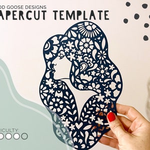 Floral folk art hair - Papercutting template for personal use only | Folksy girl lady profile | PDF, PNG & SVG