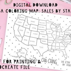 Carte des ventes aux États-Unis à colorier | Procréer fichier et PDF pour impression | Suivez vos ventes Etsy par état américain