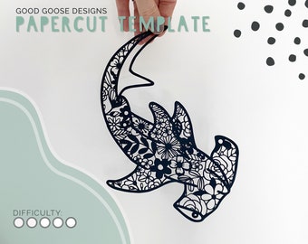 Floral hammerhead shark papercutting template | For personal use | PDF, SVG & PNG