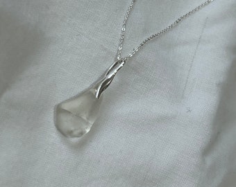 Handcrafted Cornish Rare Clear Sea Glass 925 Sterling Silver Necklace, Cornwall. Gift, Anniversary, Wedding, Rare Sea Glass