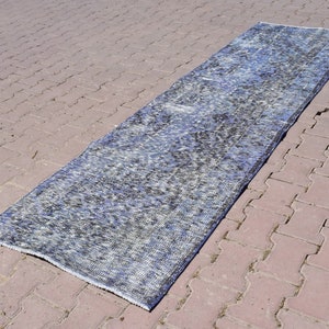 Vintage Oushak Wool Runner Rug: Faded Blue Turkish Rug (2.60X8&#39;62 ft)